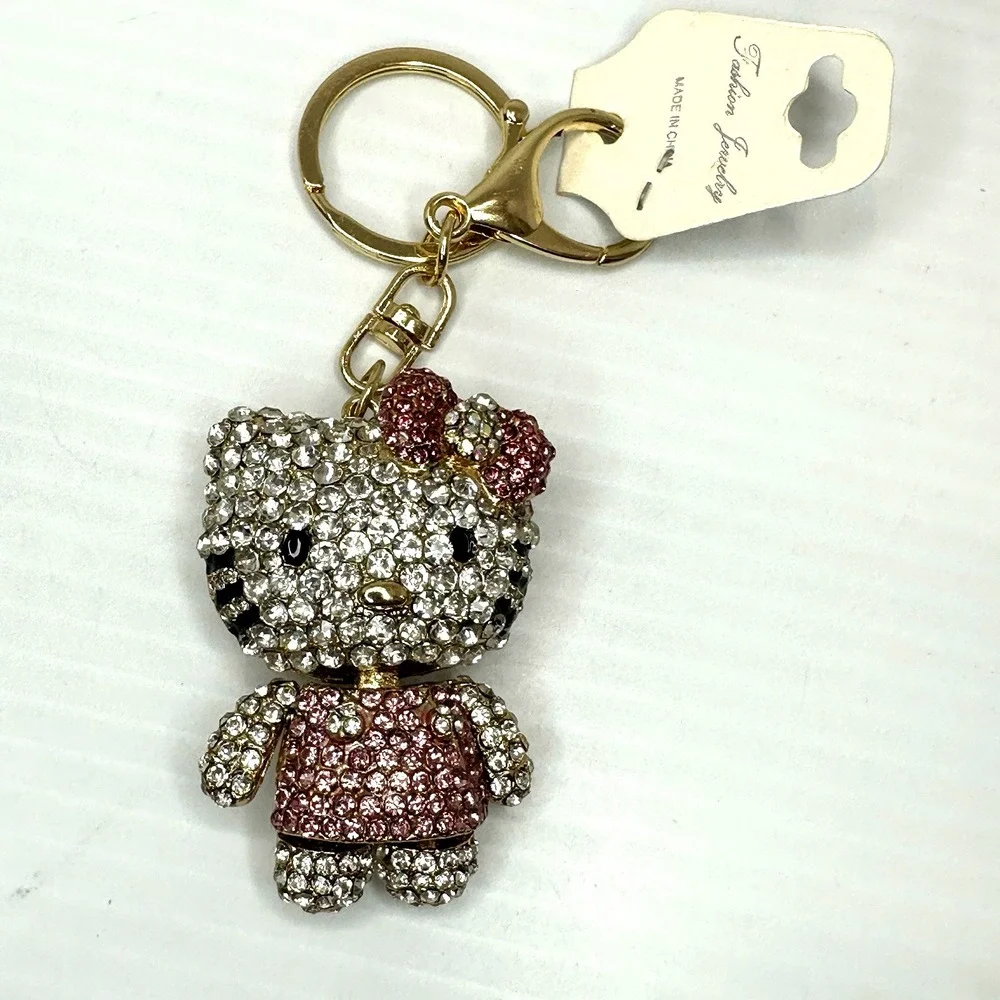 Hello Kitty Style Rhinestone Keychain Pink Crystal Cat Bag Charm Gold Tone